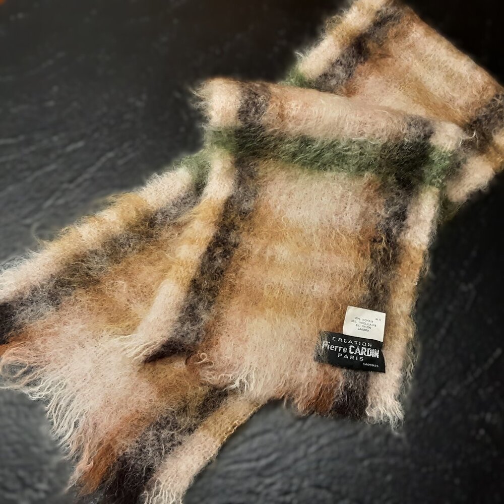 Vintage Pierre Cardin Mohair Blend Scarf – Fuzzy Plaid 45" x 8" Academia Preppy